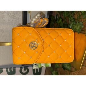 Badgley Mishka Quilted Yellow Phone Wallet with Pearls